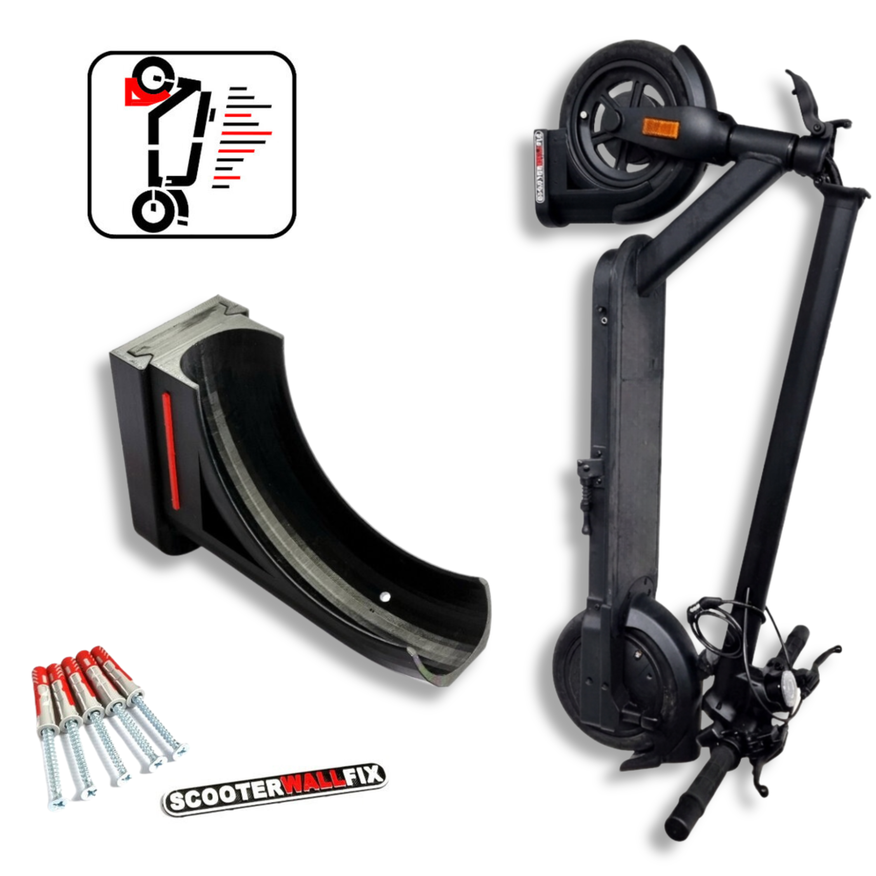 ScooterWallFix Wandhalterung für E-Scooter 8,5'' & 10'' Reifen, Robuste Wandmontage für Elektroroller, Platzsparend, für Garage, Keller & Büro <30 kg