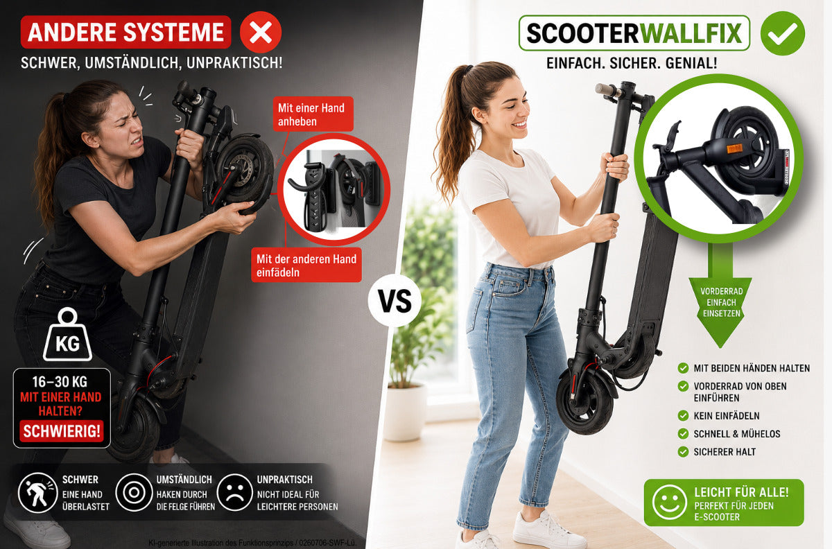 ScooterWallFix Wandhalterung für E-Scooter 8,5'' & 10'' Reifen, Robuste Wandmontage für Elektroroller, Platzsparend, für Garage, Keller & Büro <30 kg